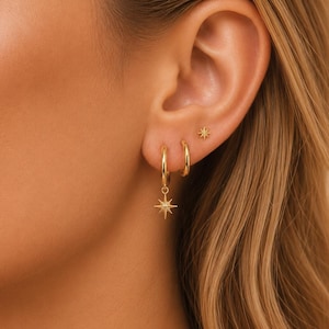 Star Earring Stack Set, Gold Silver Huggie Hoop Earrings, 3 Piece Ear Stack, Celestial Earrings, Minimalist Jewelry Gift