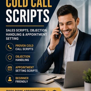 May include: An advertisement for insurance cold call scripts. The image features a man in a suit on a phone call, with a laptop and notepad. Text includes "Sales Scripts, Objection Handling & Appointment Setting" and "Book More Appointments Handle Objections Close More Deals."