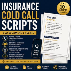 May include: An advertisement for "INSURANCE COLD CALL SCRIPTS" for beginners and agents. The image features a smartphone with the text "BOOK MORE CALLS", a stack of papers with cold call scripts, and icons for proven scripts, objection handling, and more.