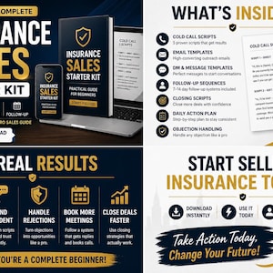 May include: A promotional graphic for an insurance sales starter kit. The image features a book, phone, and laptop with the kit's title. Additional sections detail scripts, leads, closing, and follow-up. The graphic also highlights key features and benefits.