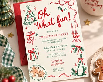 May include: A cream-coloured Christmas party invitation card featuring red and green line art illustrations of a tree, gift, champagne, and gingerbread cookies. The text reads: Oh What Fun! Join us for a Christmas Party, December 12th, 6:00 PM - 9:00 PM.