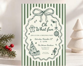 May include: A rectangular Christmas party invitation card featuring a dark green and white vertical striped background. The centre has a cream-coloured scalloped frame with a bow at the top, containing a gingerbread man, disco ball, and tree.