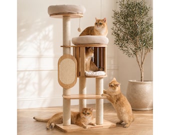 Cat Tree Modern Wood Tower for Large Cats 50in Tall Multi Level Condo with Sisal Scratcher Cozy Beds Indoor Furniture
