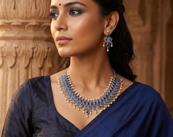 Set Royal Statement, gioielli vintage in argento, gioielli da sposa indiani, collana e orecchini con pietra blu, matrimonio