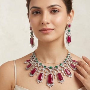 Rubin Statement Halskette, Braut Set, Hochzeit Halskette Ohrringe Set, CZ Diamant Set, indischer Luxusschmuck, Geschenk für sie