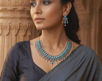 Turquoise Statement Necklace Set, Oxidized Silver Jewelry, Boho Tribal Necklace Earrings