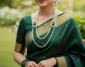 Conjunto de collar de perlas de color verde esmeralda en capas, joyería nupcial india, collar de boda étnico tradicional,