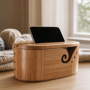 Yarn Bowl With Lid | Wooden Knitting Storage Box & Phone Stand | Anti-Tangle Crochet Yarn Organizer | Knitter Gift | Cozy Craft Setup