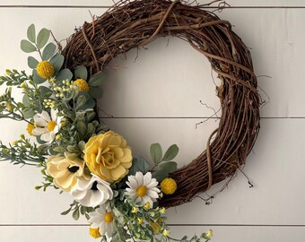 Felt Flower Wreath - Anemone  Wreath - Twig Wreath - Lamb's Ear - Eucalyptus Wreath - Farmhouse Wreath - Spring Wreath - Summer Wreath
