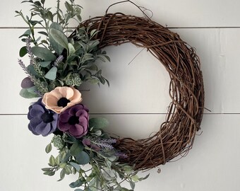 Felt Wreath- Anemone  Wreath - Twig Wreath - Lamb's Ear - Eucalyptus Wreath - Succulent Wreath - Felt Flower Wreath