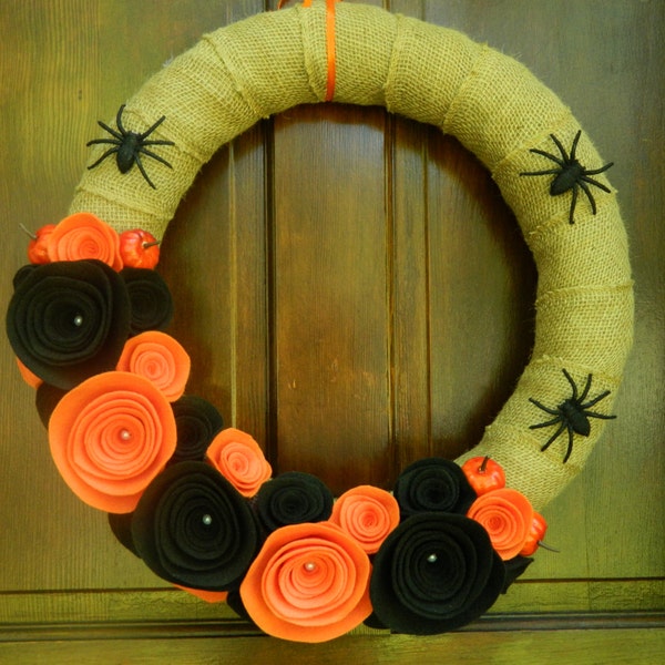 Burlap Halloween Wreath - Burlap and Felt Flower Wreath with Glitter Spiders and Mini Pumpkins