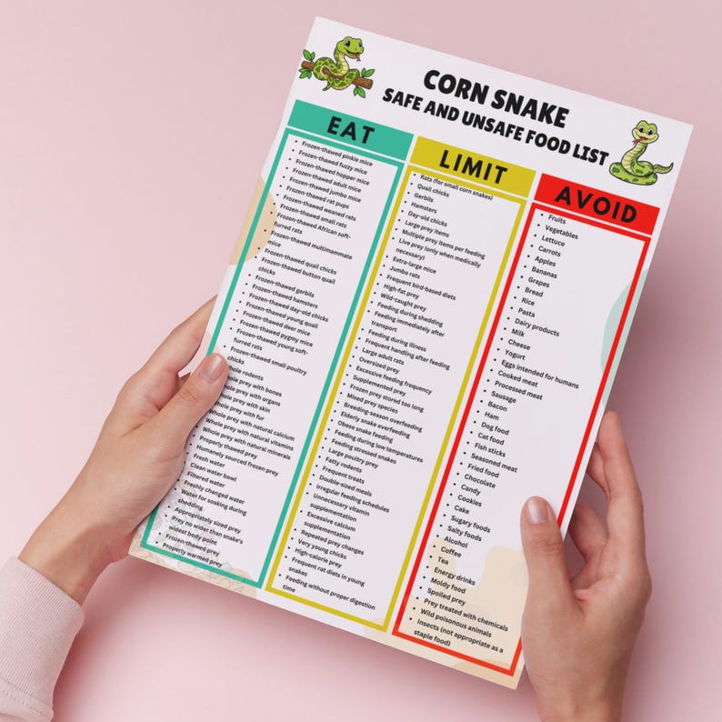 May include: A white informational sheet titled Corn Snake Safe and Unsafe Food List, featuring green snake illustrations. It is organized into three vertical columns labeled Eat, Limit, and Avoid, each containing bulleted lists of food items.