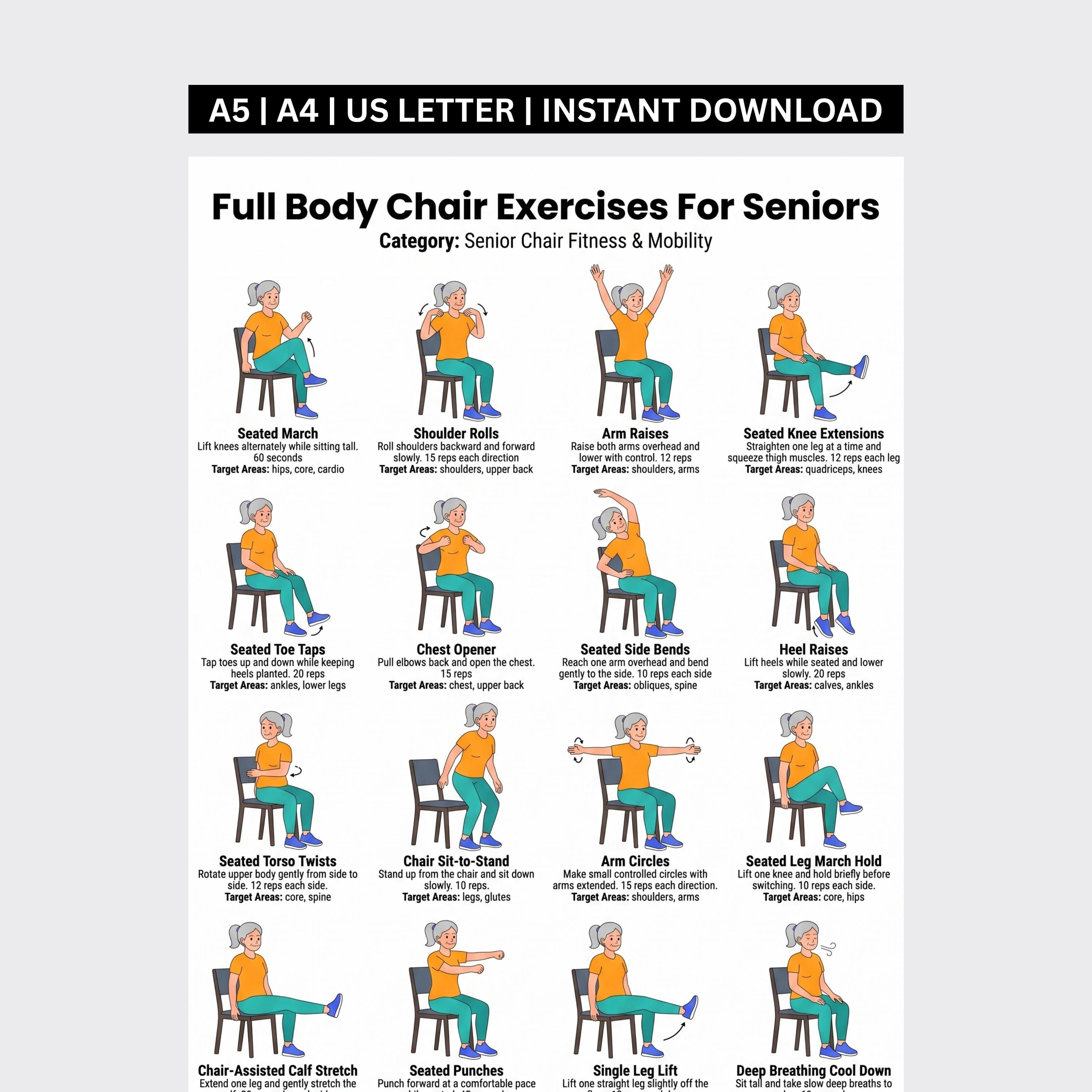 Chair Exercises for Seniors Printable | Full Body Seated Workout Chart