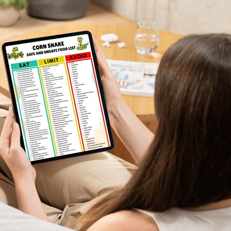 May include: A digital tablet displaying a Corn Snake Safe and Unsafe Food List. The chart is divided into three vertical columns labeled Eat, Limit, and Avoid, featuring green, yellow, and red headers respectively, with cartoon snake illustrations.