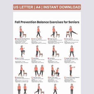 May include: A downloadable guide titled "Fall Prevention Balance Exercises for Seniors" with illustrations of various exercises. The exercises include heel-to-toe walks, leg raises, and mini squats, designed to improve balance and coordination. The guide is available for instant download.