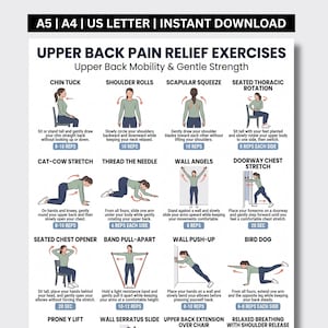 May include: A digital chart titled Upper Back Pain Relief Exercises featuring twelve illustrated figures demonstrating movements like chin tucks, shoulder rolls, and cat-cow stretches with text instructions and repetition counts for each.
