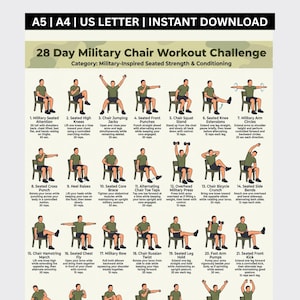 Puede incluir: Un póster de 28 Day Military Chair Workout Challenge con 21 ejercicios ilustrados para fuerza y acondicionamiento sentado. El gráfico incluye instrucciones numeradas para movimientos como rodillas altas, círculos de brazos y golpes en tamaños A5, A4 y US Letter.