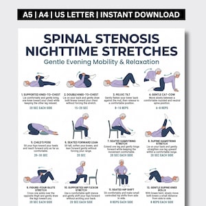 May include: A digital poster titled Spinal Stenosis Nighttime Stretches featuring twelve illustrated exercises with instructions. The text includes A5, A4, US Letter, and Instant Download. Each numbered step shows a person in purple clothing performing movements like knee-to-chest, pelvic tilt, cat-cow, and various seated or supine stretches.