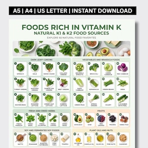 Lista de alimentos con vitamina K (PDF imprimible) / Tabla de fuentes de K1 y K2 con 60 alimentos: verduras de hoja verde, natto, queso, frutas, hierbas y referencia nutricional.