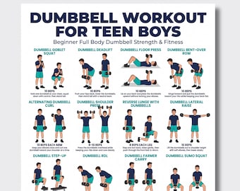 May include: A white instructional poster titled DUMBBELL WORKOUT FOR TEEN BOYS featuring twelve illustrated exercises with dumbbells. Each section includes the exercise name, rep count, and brief instructions for movements like squats, deadlifts, and presses.