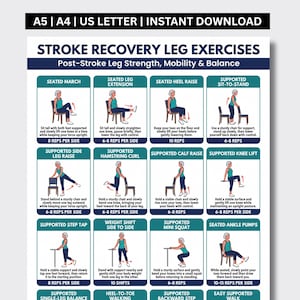 May include: A digital chart titled STROKE RECOVERY LEG EXERCISES featuring twelve illustrated panels with instructions for movements like seated march, leg extension, and squats. Text includes A5 | A4 | US LETTER | INSTANT DOWNLOAD.