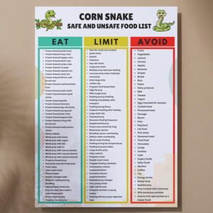 May include: A white informational chart titled Corn Snake Safe and Unsafe Food List with green, yellow, and red columns labeled Eat, Limit, and Avoid. The document features cartoon snake illustrations and lists various food items for corn snakes.