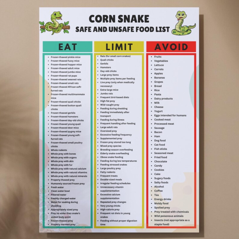 May include: A white informational chart titled Corn Snake Safe and Unsafe Food List with green, yellow, and red columns labeled Eat, Limit, and Avoid. The document features cartoon snake illustrations and lists various food items for corn snakes.