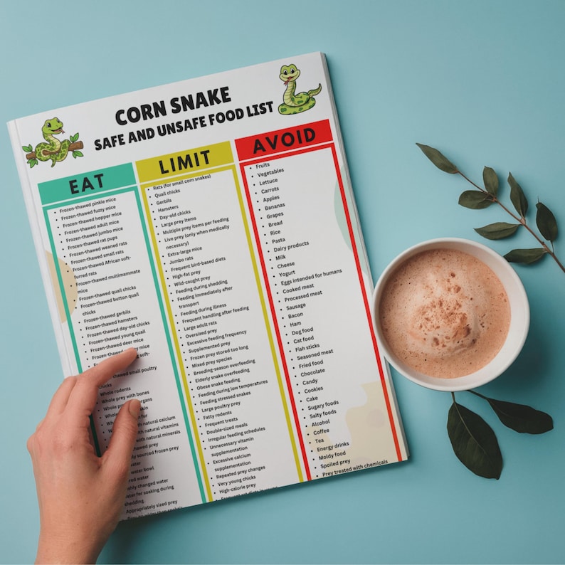 May include: A white informational chart titled Corn Snake Safe and Unsafe Food List with three vertical columns labeled Eat, Limit, and Avoid. The chart features green, yellow, and red color coding, bulleted text lists, and cartoon snake illustrations.