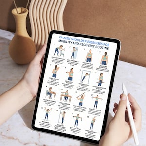 May include: A digital tablet displaying a guide titled Frozen Shoulder Exercises for Mobility and Recovery Routine. The screen features sixteen numbered illustrations of a person performing various physical therapy stretches with descriptive text.