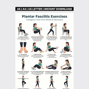 Puede incluir: Un póster informativo blanco titulado Plantar Fasciitis Exercises con el texto A5 | A4 | US LETTER | INSTANT DOWNLOAD. Incluye doce ilustraciones numeradas de una persona con ropa deportiva color verde azulado realizando ejercicios de pie.