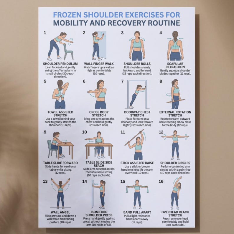 May include: A white instructional poster titled Frozen Shoulder Exercises for Mobility and Recovery Routine. It features sixteen numbered illustrations of a person in a teal sports bra and leggings demonstrating various physical therapy movements.