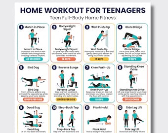 May include: A white informational poster titled Home Workout for Teenagers featuring twelve numbered exercise illustrations. Each section includes a graphic of a person performing a movement, descriptive text, and repetition or time counts.