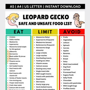 Op de afbeelding: Een digitaal informatieblad met de titel LEOPARD GECKO SAFE AND UNSAFE FOOD LIST. Het document bevat drie kleurgecodeerde kolommen met de labels EAT in groen, LIMIT in geel en AVOID in rood, met een lijst van diverse voedingsmiddelen.