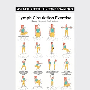 May include: A printable exercise chart titled "Lymph Circulation Exercise" with illustrations of various exercises. The chart includes exercises like deep breathing, neck stretches, shoulder rolls, arm circles, torso twists, and more. The text "A5 | A4 | US LETTER | INSTANT DOWNLOAD" is at the top.