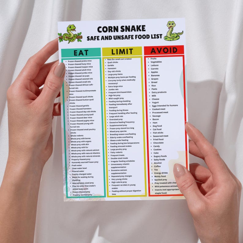 May include: A rectangular informational chart titled Corn Snake Safe and Unsafe Food List. The document is divided into three vertical color-coded columns labeled Eat in teal, Limit in yellow, and Avoid in red, featuring lists of food items.