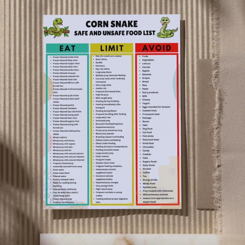 May include: A white informational chart titled Corn Snake Safe and Unsafe Food List with two green snake illustrations. It features three vertical columns labeled Eat in green, Limit in yellow, and Avoid in red, each containing bulleted lists.