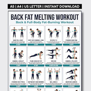 May include: A digital workout chart titled BACK FAT MELTING WORKOUT with the text A5 | A4 | US LETTER | INSTANT DOWNLOAD. It features twelve illustrated exercise panels showing movements like band pull-aparts, rows, and planks with rep counts.