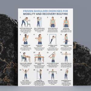 May include: A white instructional poster titled Frozen Shoulder Exercises for Mobility and Recovery Routine, featuring sixteen numbered illustrations of physical therapy movements with descriptive text for each exercise, set against a dark background.