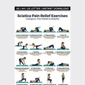May include: A white informational poster titled Sciatica Pain Relief Exercises featuring twelve illustrated figures in teal athletic wear performing various stretches on mats, with text instructions and durations for each movement listed below.