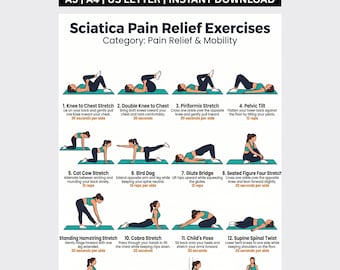 Sciatica Pain Relief Exercises, Sciatic Nerve Glide Mobility Chart, Lower Back Stretch Routine, Physical Therapy, Hip & Piriformis Stretches