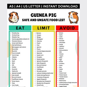 May include: A printable chart titled Guinea Pig Safe and Unsafe Food List, featuring illustrations of two guinea pigs. The document is organised into three colour-coded columns labelled Eat, Limit, and Avoid, detailing various food items for pets.
