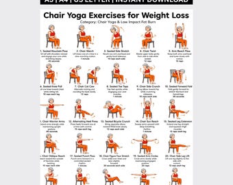 Chair Yoga for Seniors Printable | 28 Day Seated Yoga Challenge for Elderly Men & Women | Gentle Low Impact Flexibility Balance PDF Download