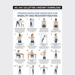 May include: A digital instructional chart titled FROZEN SHOULDER EXERCISES FOR MOBILITY AND RECOVERY ROUTINE. It features sixteen numbered illustrations of a person in teal athletic wear demonstrating various physical therapy movements. A5 | A4 | US LETTER | INSTANT DOWNLOAD text is at the top.