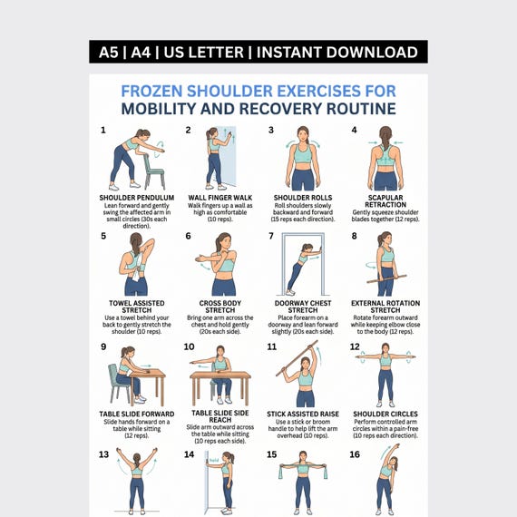 Frozen Shoulder Exercise Printable | Adhesive Capsulitis Rehab & Shoulder Mobility Recovery Chart | Physical Therapy Stretching Routine PDF
