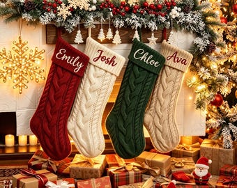 Gepersonaliseerde kerstsokken met familienaam, geborduurde gebreide kerstsokken met familienaam, kerstcadeaus