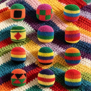 Könnte beinhalten: Eine Sammlung von elf bunten, handgefertigten Häkelbällen. Jeder Ball hat ein einzigartiges Design mit leuchtenden Streifen, geometrischen Mustern und einer Vielzahl von Farben, darunter Rot, Grün, Gelb, Blau und Orange. Die Bälle sind auf einer mehrfarbigen Häkeldecke angeordnet.