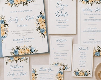 Dusty Blue Wedding Invitation Template | Elegant Floral Wedding Suite | Editable Digital Invitation Card | Instant Download for DIY Weddings