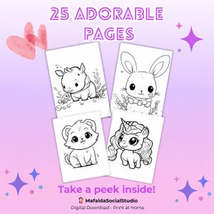 Pode incluir: Uma coleção digital de 25 páginas adoráveis para colorir com desenhos em preto e branco de um bebé rinoceronte, um coelho, um gatinho e um unicórnio. O texto 25 ADORABLE PAGES e Take a peek inside! está num fundo roxo claro.