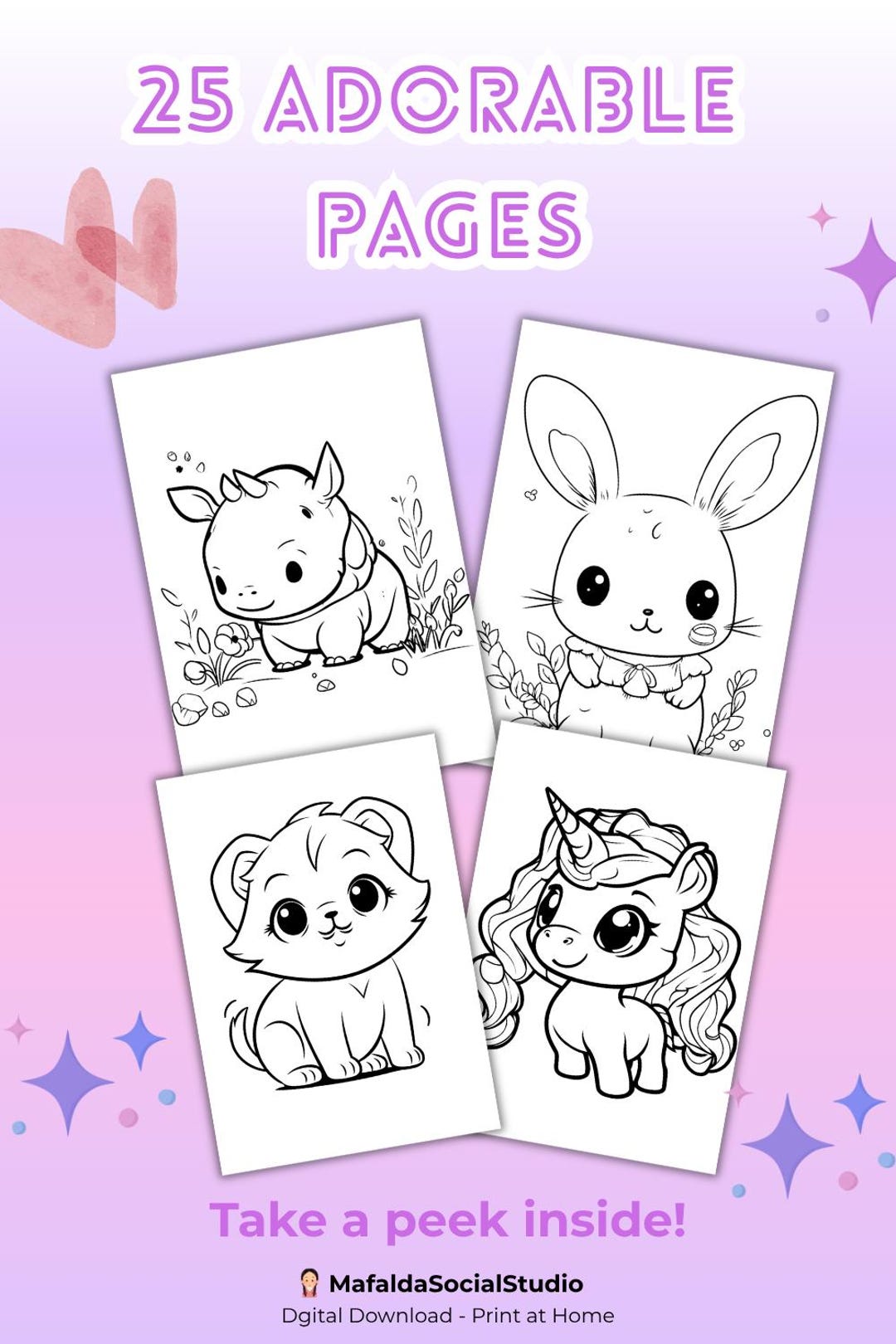 Cute Kawaii Animals Coloring Book for Kids - 25 Simple & Fun Coloring ...