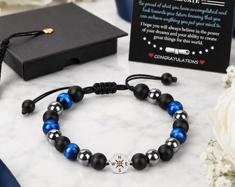 Graduation Gift Bracelet for Him Her, Blue Tiger Eye Compass Bracelet, Inspirational Graduate Gift, Adjustable Beaded Bracelet with Gift Box